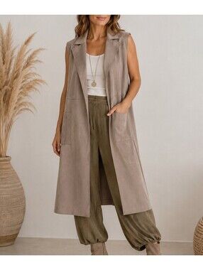 MAGASCHONI Beige Faux Suede Longline Vest Cardigan Women’s Large Lagenlook S